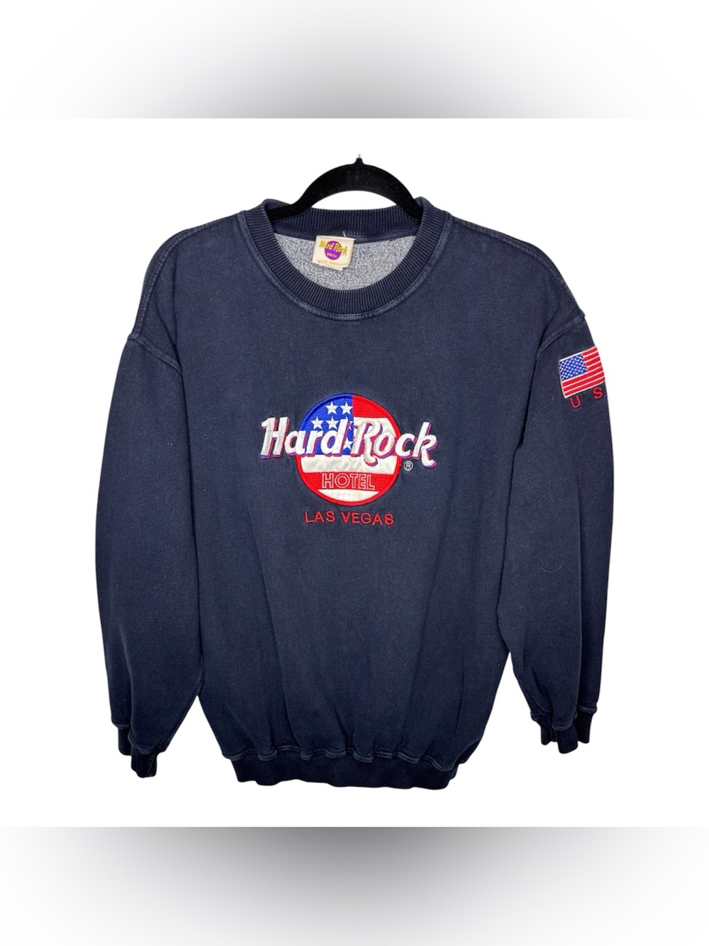 Vintage Hard Rock Hotel Las Vegas Sweatshirt M USA Flag Embroidered Navy Y2K
